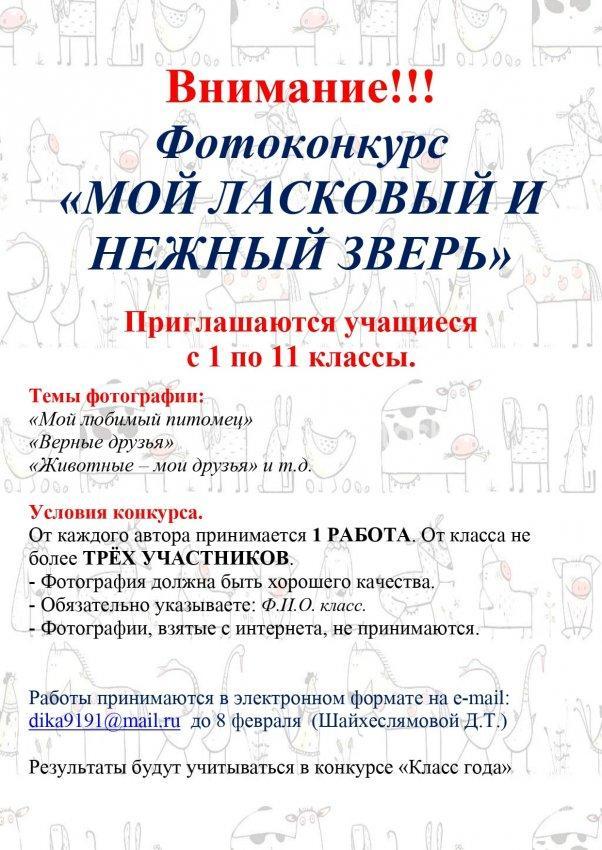 Ученики! Внимание! Проводится фотоконкурс с 01.02.21 до 08.02.21 на тему: "Мой ласковый и нежный зверь".