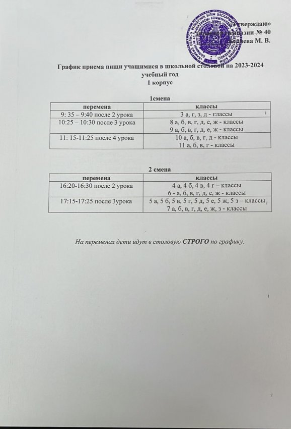 График приема пищи в школьной столовой № 1, гимназии № 40