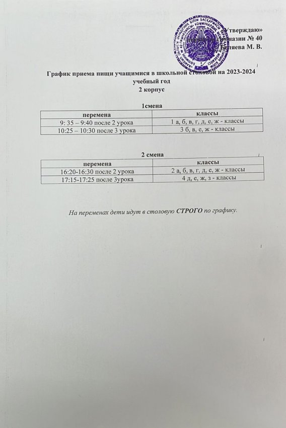 График приема пищи в школьной столовой № 2, гимназии № 40
