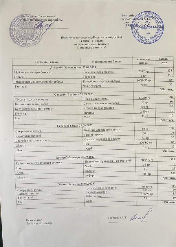 Еженедельное меню с 25.09.23- 29.09.2023 г (бесплатное питание)
