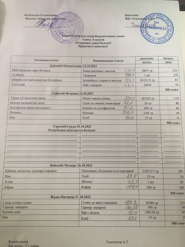 Еженедельное меню с 23.10.23- 27.10.2023 г (бесплатное питание)