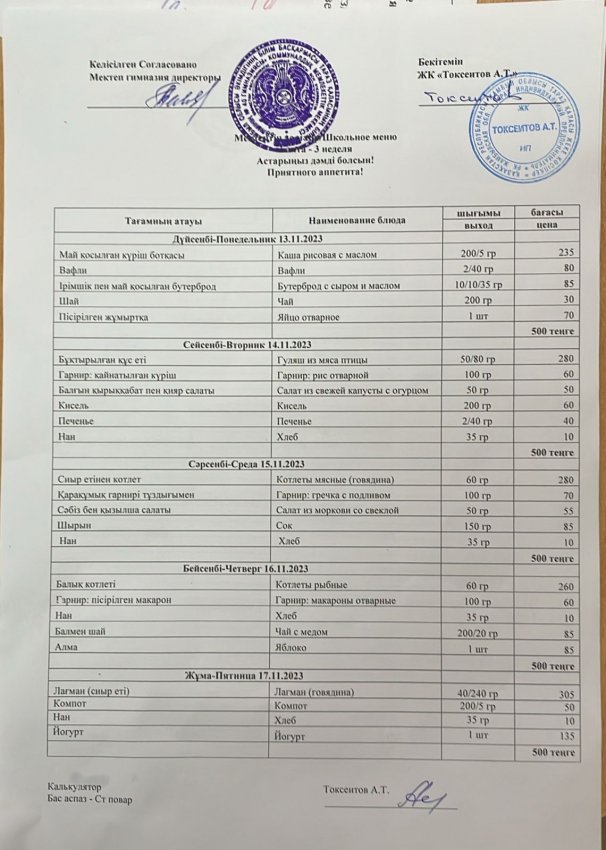 Еженедельное меню с 13.11.23- 17.11.2023 г (бесплатное питание)