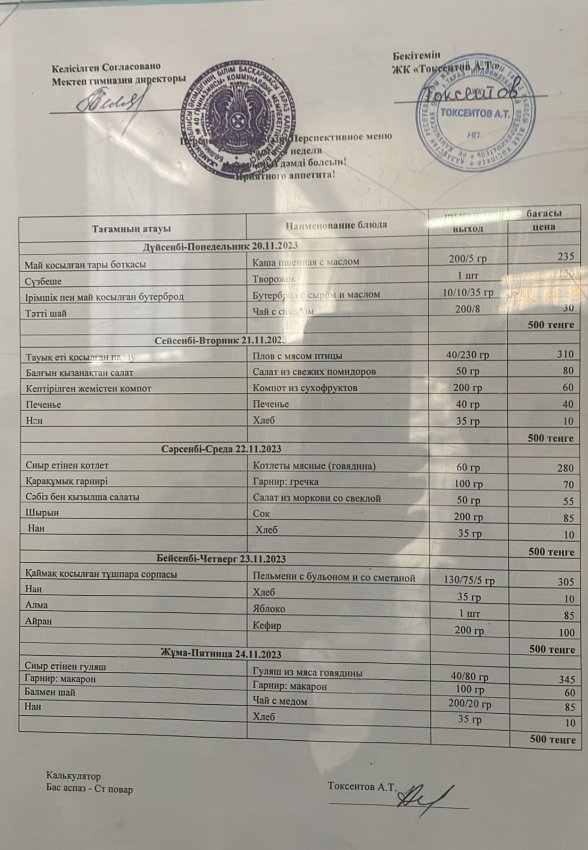 Еженедельное меню с 20.11.23- 24.11.2023 г (бесплатное питание)