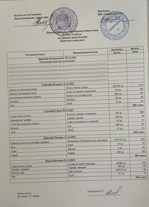 Еженедельное меню с 19.12.23- 22.12.2023 г (бесплатное питание)