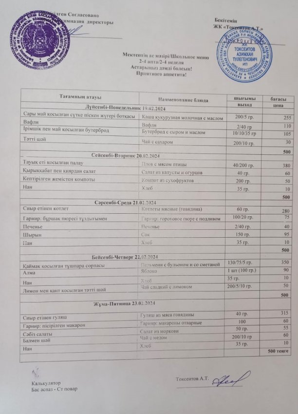 Еженедельное меню с 19.02.24- 23.02.2024 г (бесплатное питание)