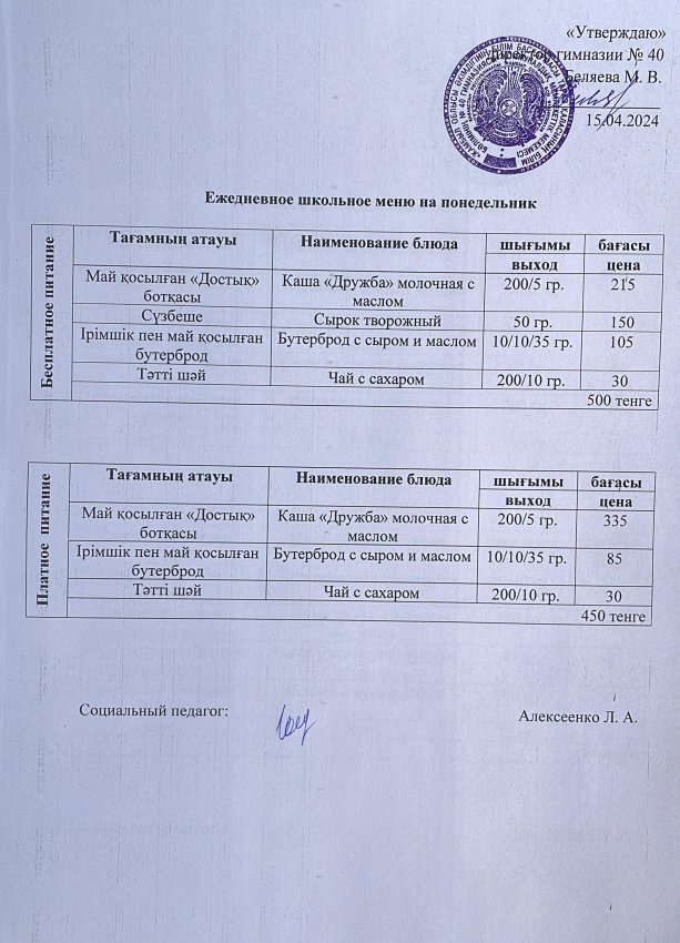Ежедневное меню 15.04.2024 г