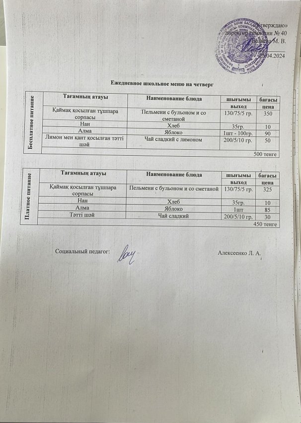 Ежедневное меню 25.04.2024 г