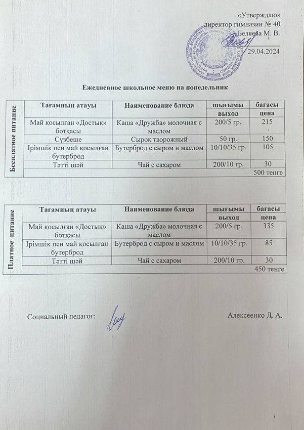 Ежедневное меню 29.04.2024 г