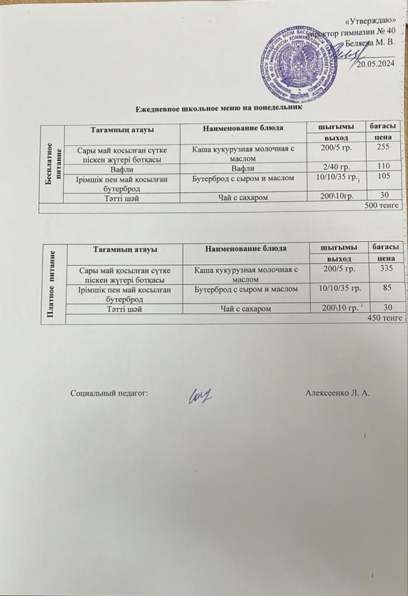 Ежедневное меню 20.05.2024 г.