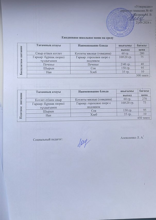 Ежедневное меню на 25.09.2024 г