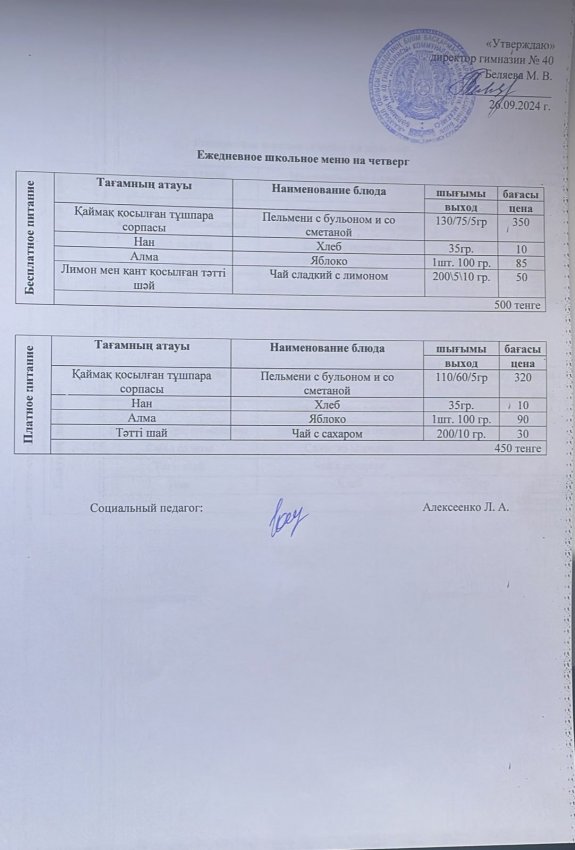 Ежедневное меню на 26.09.2024 г