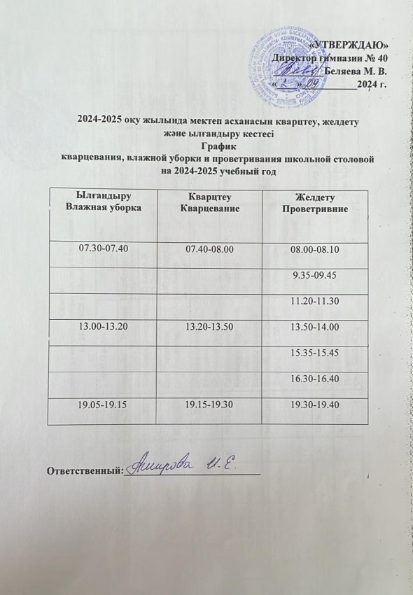 График кварцевания, влажой уборки и проветривания школьной столовой на 2024-2025 учебный год