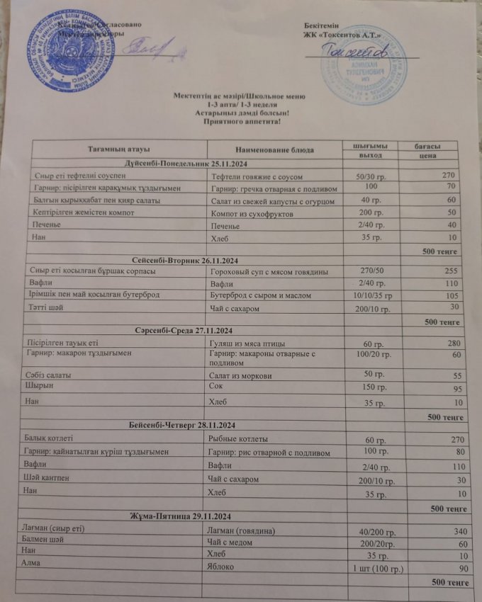 Еженедельное меню с 25.11-29.11. 2024 г. (бесплатное питание)