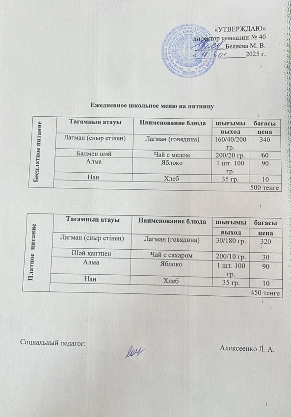 Ежедневное меню на 17.01.2025 г.