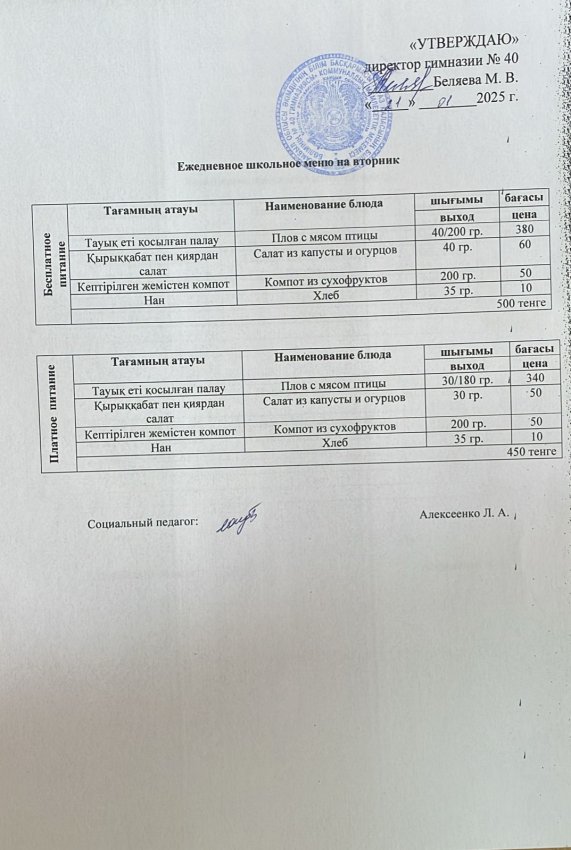 Ежедневное меню на 21.01.2025 г.