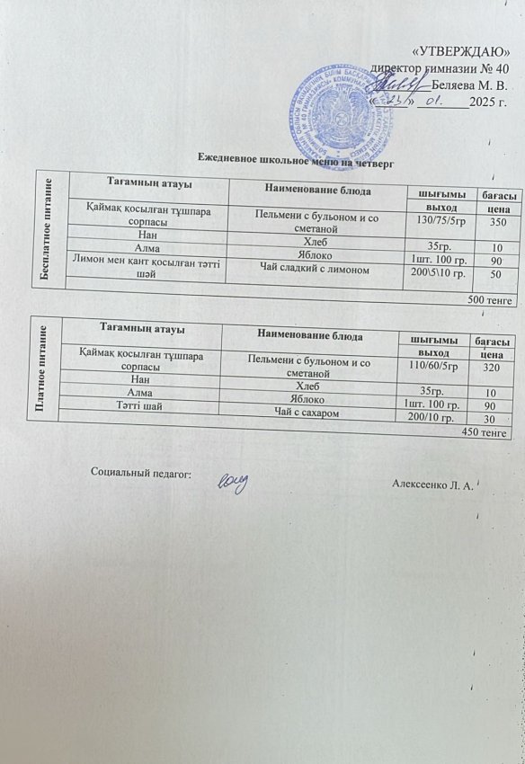 Ежедневное меню на 22.01.2025 г.