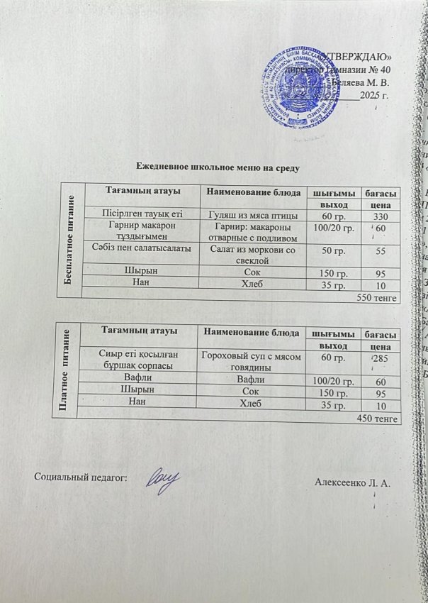Ежедневное меню на 29.01.2025 г.