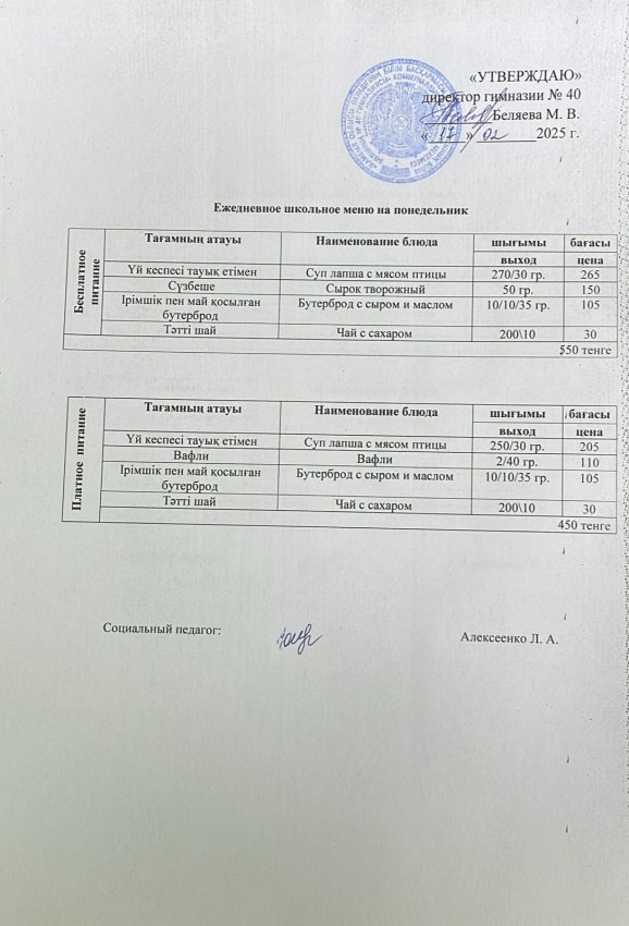 Ежедневное меню на 17.02.2025 г.