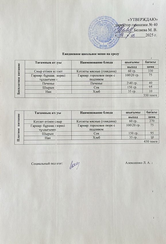 Ежедневное меню на 19.03.2025 г.