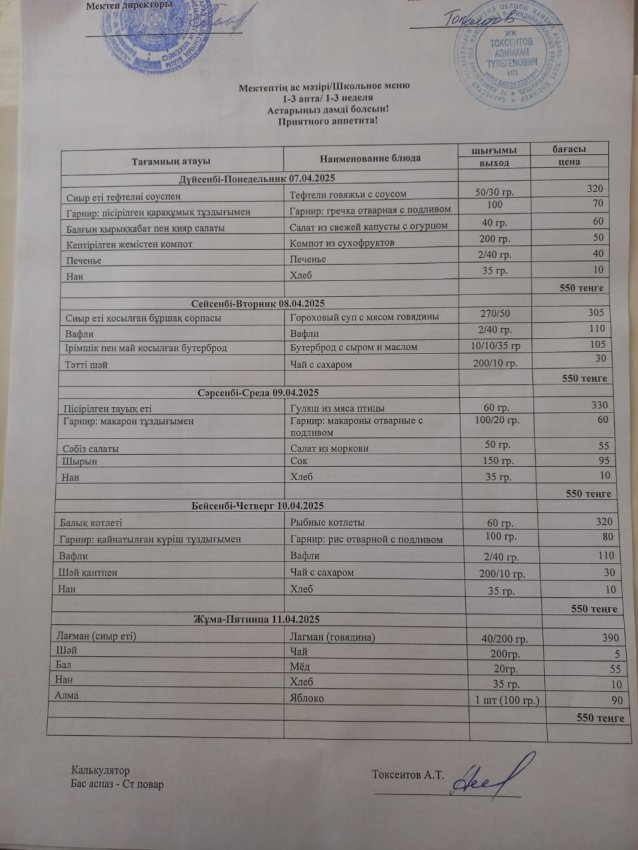 Еженедельное меню в период с 07.04.2025 -11.04.2025 г.