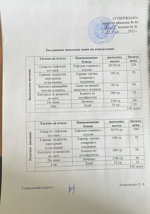 Ежедневное меню на 21.04.2025 г.