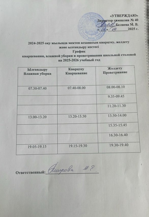 График кварцевания, влажной уборки и проветривания  школьной столовой  на 2025-2026 учебный год