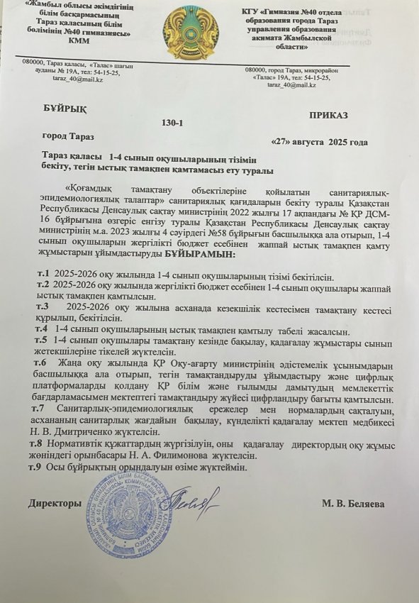 Приказ № 130-1 об утверждении списка учащихся 1-4 класса обеспечиваемых бесплатным горячим питанием