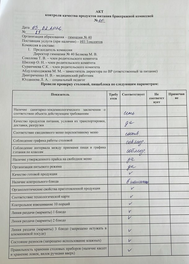 Акт проверки бракеражной комисиии № 21 от 03.02.2026 г.