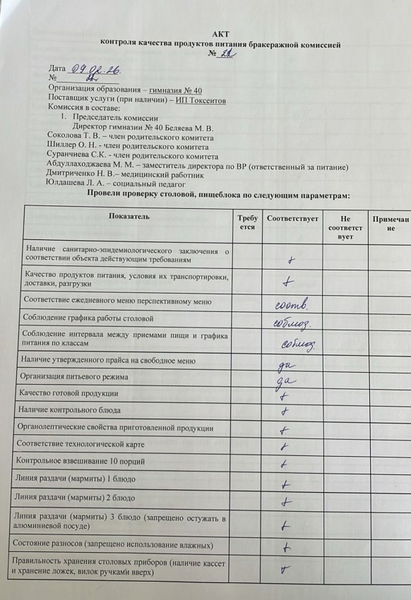 Акт проверки бракеражной комисиии № 21 от 09.02.2026 г.