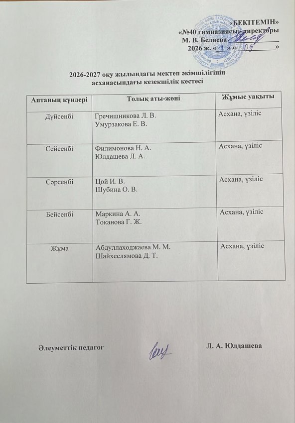 График дежурства администрации гимназии в школьной столовой на 2026-2027 учебный год